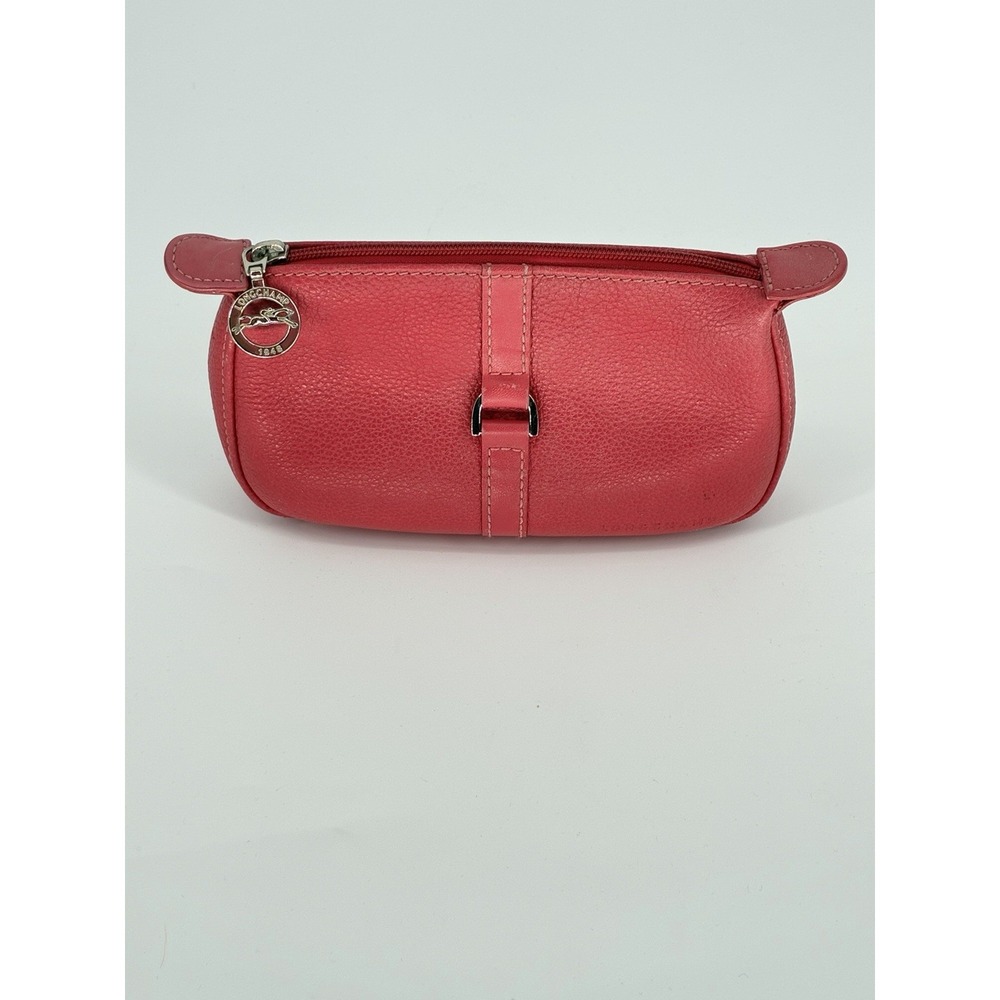 Longchamp Pink Leather Cosmetic Bag Pouch Zip Clutch Silver Logo Hardware READ